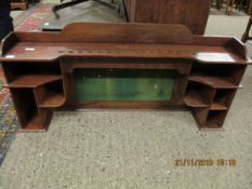 MAHOGANY WALL SHELF WITH OPEN COMPARTMENTS AND BAIZE BACK
