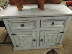 UPCYCLED GREEN PAINTED SIDEBOARD WITH TWO DRAWERS OVER TWO CUPBOARD DOORS WITH RINGLET HANDLES
