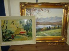 GILT FRAMED OIL ON CANVAS OF A MOUNTAINOUS LANDSCAPE, PLUS ANOTHER PICTURE (2)