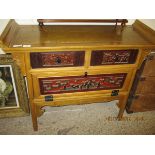 GOOD QUALITY ORIENTAL INFLUENCED SIDEBOARD WITH TWO DRAWERS OVER SINGLE DROP FRONTED DOOR ON SPLAYED