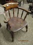 19TH CENTURY ELM HARD SEATED BOW BACK CAPTAINS CHAIR