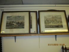 FOUR OAK FRAMED COLOURED PRINTS, THE FIRST STEEPLECHASE ON RECORD