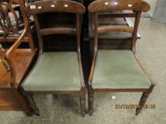 PAIR OF GEORGIAN MAHOGANY BAR BACK DINING CHAIRS WITH GREEN DRALON DROP IN SEATS AND TURNED FRONT