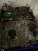 TWO BOXES OF MIXED GLASS WARES, MODERN SHIPS DECANTERS ETC