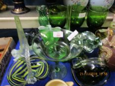 QUANTITY OF GREEN GLASS WARES, WINE GLASSES, VASES, ETC