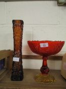 RED GLASS PEDESTAL BOWL TOGETHER WITH A WHITEFRIARS STYLE SQUARE FORMED VASE