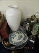 BRASS SHELL, GLASS DECANTERS, BLUE AND WHITE MEAT PLATE, LARGE WHITE VASE ETC