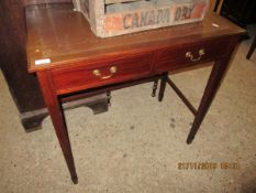 MAHOGANY FRAMED LEATHER TOP TWO DRAWER DESK ON TAPERING SPADE LEGS