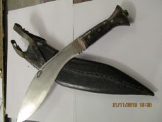 KUKRI KNIFE WITH HORN HANDLE AND LEATHER SHEATH