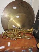 GOOD QUALITY BRASS LARK CORNET TOGETHER WITH A SELECTION OF CYMBALS