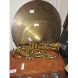 GOOD QUALITY BRASS LARK CORNET TOGETHER WITH A SELECTION OF CYMBALS