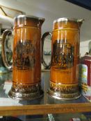 PAIR OF RIDGWAYS TREACLE GLAZED JUGS WITH DECORATION FROM MR PICKWICK, WITHIN SILVER COLOURED