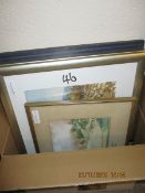 BOX CONTAINING MIXED WATERCOLOURS, PICTURES, PRINTS ETC