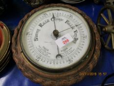 OAK FRAMED ROPE TWIST CIRCULAR BAROMETER WITH ENAMEL DIAL