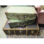 TWO KHAKI AND LEATHER MOUNTED SUITCASES TOGETHER WITH A REXINE AND BEECHWOOD FRAMED TRUNK (3)