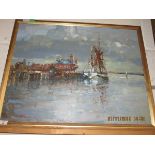 GOOD QUALITY GILT FRAMED OIL ON BOARD BY GEOFFREY CHATTEN OF A DOCKED BOAT