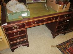 REPRODUCTION MAHOGANY TWIN PEDESTAL DESK WITH NINE DRAWERS WITH BRASS SWAN NECK HANDLES RAISED ON