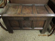 18TH CENTURY OAK SMALL PROPORTIONED COFFER WITH THREE PANELLED FRONT AND TOP