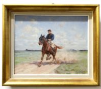 R Fremond, signed oil on panel, French racehorse with jockey up, 32 x 40cm