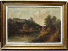 W Haines, signed oil on canvas, English River Landscape with castle, 50 x 75cm