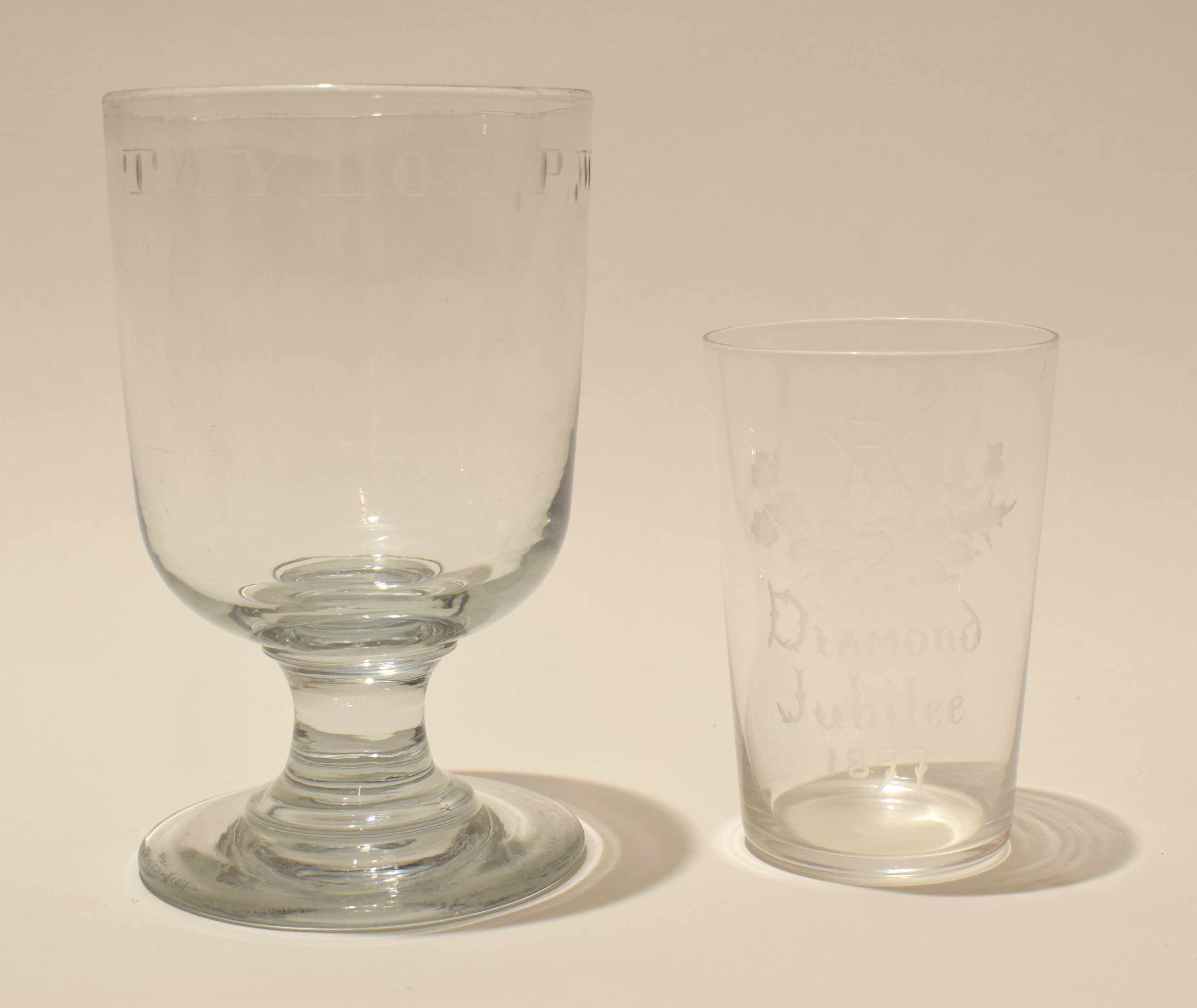 Large glass rummer and a beaker commemorating the Diamond Jubilee with engraved decoration and
