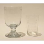 Large glass rummer and a beaker commemorating the Diamond Jubilee with engraved decoration and