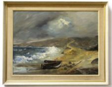 Unsigned oil on board, Coastal scene with rowing boat, 44 x 59cm