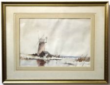 Roy Petley, signed watercolour, Norfolk landscape with mill, 30 x 44cm