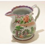 19th century pearl ware mug with lustre rim decorated with rustic scenes to front and verso, 12cm