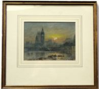 Arthur Severn, RI, signed watercolour, Thames view with Big Ben at sunset, 15 x 20cm