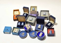 Group of miniature Wedgwood jasperwares and Royal Worcester thimbles, the jasperwares also