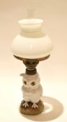 Table lamp and shade, the lamp modelled as an owl with glass eyes, 35cm high