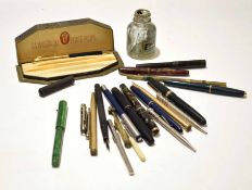 Collection of fountain pens and propelling pencils, some with 14K gold nibs, including a Summit