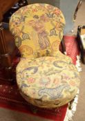 Late Victorian mahogany nursing chair upholstered throughout with grospoint figure and floral