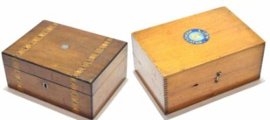 Victorian mahogany and parquetry banded small work box and a further late 19th century box, the