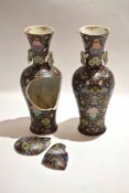 Pair of Japanese porcelain vases, the chocolate brown ground finely decorated with a polychrome