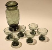 Set of 6 Art Deco glasses, and a jar and cover made for the French market, the bases with facet