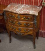 European kingwood marble topped small side chest of serpentine form, fitted with three inlaid
