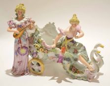 Late 19th century Continental porcelain group of a carriage pulled by two swans with two figures