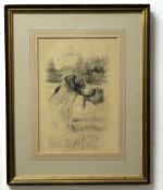 H W Hellings, signed pencil drawing, Gun dog with game bird, 32 x 22cm
