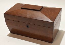 19th century mahogany tea caddy, sarcophagus top and fitted interior with two lidded sliding