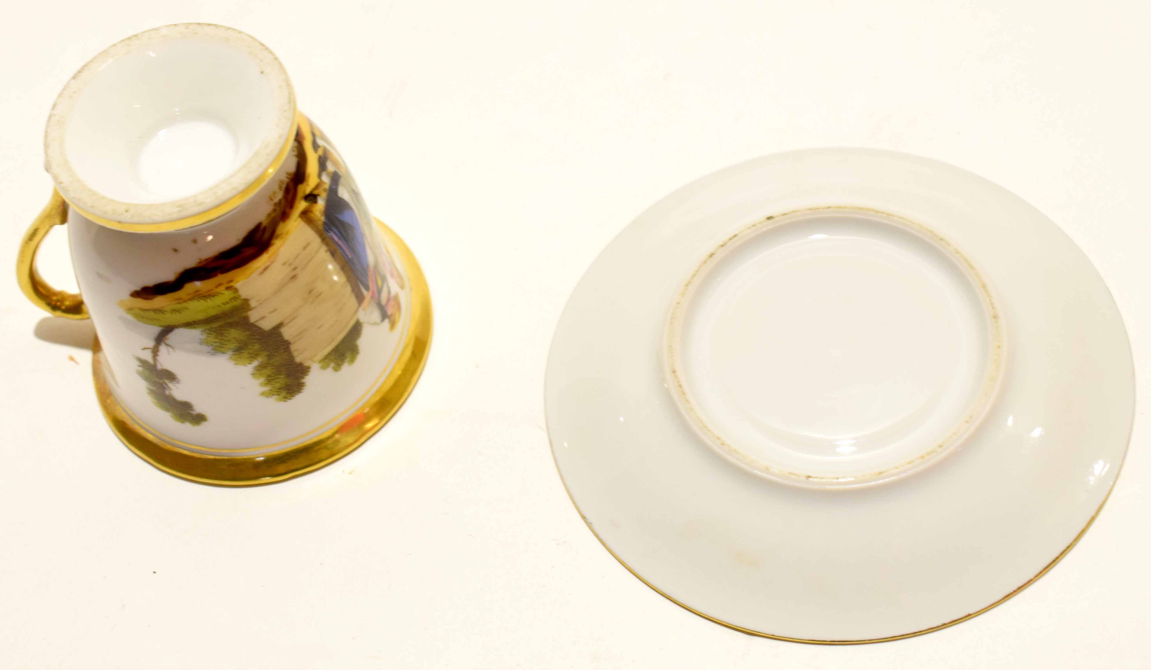 19th century Paris porcelain cup and saucer, the cup painted with a couple in a landscape within - Image 4 of 4