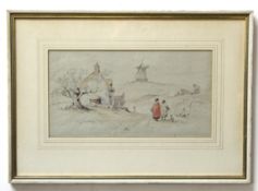 George Bryant Campion, pencil and watercolour, Landscape with figures and dog in a country lane,