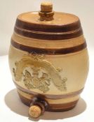 19th century stoneware barrel, the buff body with Prince of Wales insignia and banded by two dark