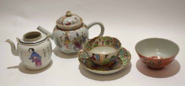 Group of 18th/19th century Chinese porcelain comprising a Cantonese cup and saucer decorated in