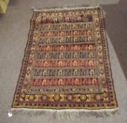 Modern Caucasian small carpet, multi-gull border and panels of geometric designs, mainly red and