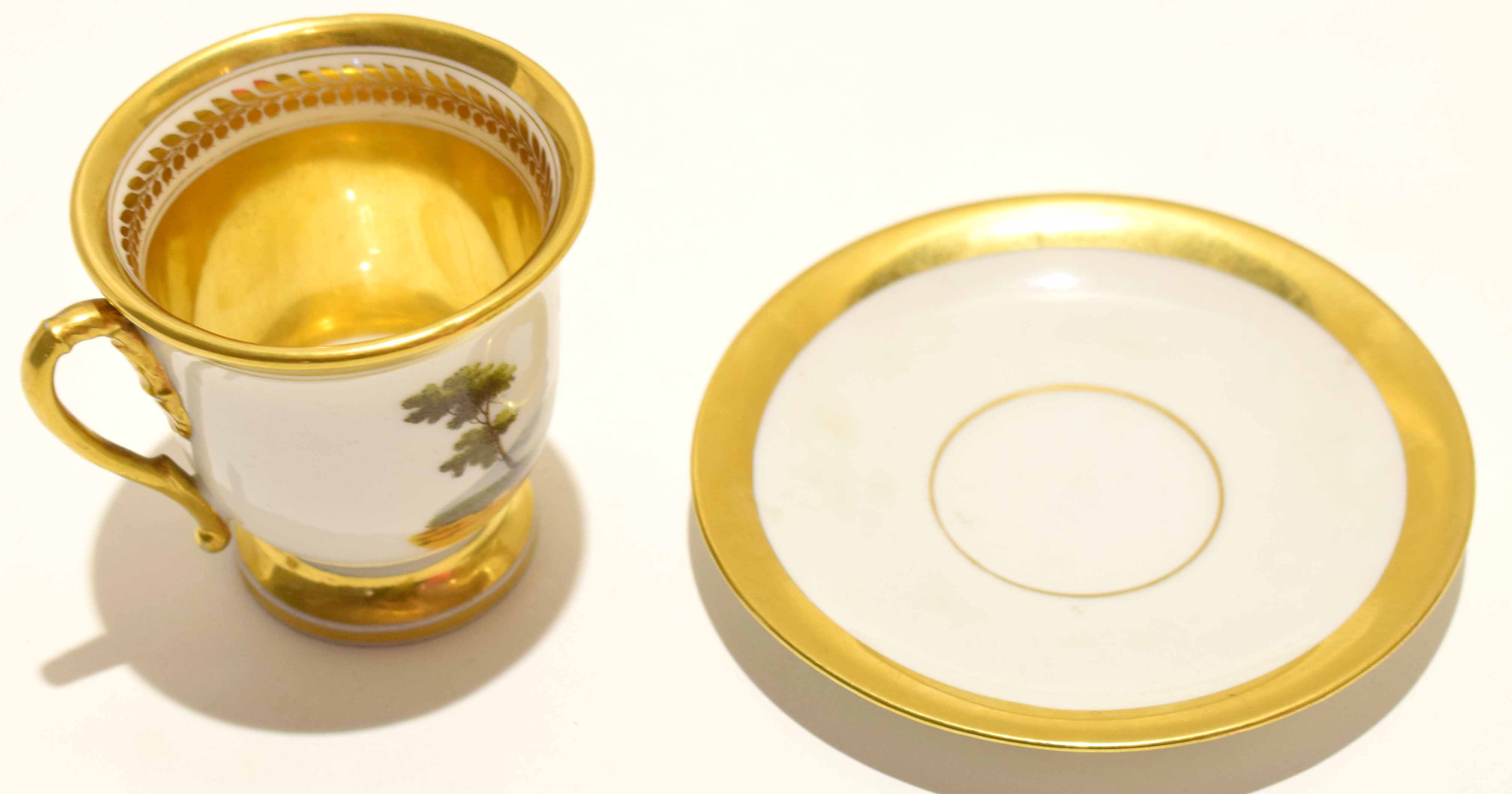 19th century Paris porcelain cup and saucer, the cup painted with a couple in a landscape within - Image 2 of 4