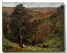 John Gilbert Donley, signed oil on canvas, Cattle in a valley landscape, 46 x 57cm, unframed