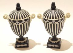 Pair of Wedgwood black basalt vases and covers on square bases, decorated in neo-classical style,