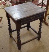 Oak small rectangular side table with single frieze drawer, raised on twisted supports joined all
